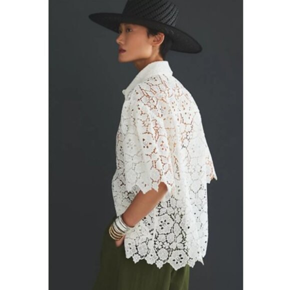 NWT-Anthropologie-Maeve-Cutout Lace Short Sleeve Shirt - White - XL - Picture 5 of 11